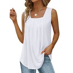 KOEMCY Tank Top Damen Blusen Ärmellose Square Neck Oberteile Loose Fit Plissee Basic Camisole Tops Sommer T-Shirts Weste (Weiß, XL) von KOEMCY