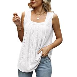 KOEMCY Tank Top Damen Oberteile Ärmellose Square Neck Blusen Loose Hollow Out Weste Shirt Sommer (Weiß, S) von KOEMCY