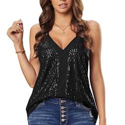 KOEMCY Tank Top Damen Oberteile Sparkle Pailletten V-Ausschnitt Loose Fit Sexy Camisole Tank Top Weste Blusen Sommer Party (Schwarz, M) von KOEMCY