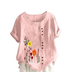 KOG Amazon Basics - Damen Shirts Lässig Leinen Kleidung Lose Kurzarm Shirt T-Shirt Casual Tie-Dye Muster Sweatshirt Teenager Henley Ausschnitt Elegante Tee T-Shirt Outlet Angebote Rosa 5XL von KOG