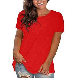 KOG Amazon Basics Damen Tshirts Sommer Einfarbig Blusen & Tuniken Freizeit Baumwolle Hemd Teenager Mädchen Tee T-Shirt Einfarbige Shirt Rundhals Elegant Kleidung Damen Tshirt Sale Rot L von KOG