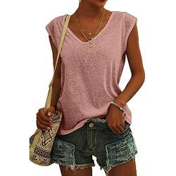 KOG Bluse Damen Elegant Ärmellose T-Shirt Shirt Casual Weiß Oberteile mit Flügelärmeln Frauen Schwarz Kleidung Frau Grau Sommer Shirts Top Damen V-Ausschnitte Tshirt Klamotten Rosa M von KOG