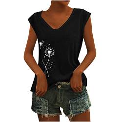 KOG Bluse Damen Elegant Drucken Tshirt T-Shirt Casual V-Ausschnitte Tunika Weste Frauen Mode Motiv Vintage Frühling Kleidung Oberteil Bekleidung Fraun Locker Sommer Tank Top Black L von KOG