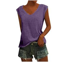 KOG Outlet Amazon - Damen Tshirts Freizeit Einfarbige Tshirt Elegant Kurzarm Tuniken Teenager T-Shirts Oversize Einfarbige Top V-Ausschnitt Vintage Tank Amazon Warehouse Deal Lila L von KOG