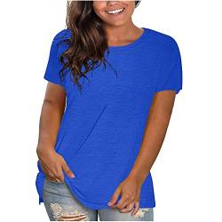 KOG Outlet Angebote Damen T-Shirt Freizeit Einfarbig Blusen Fashion Baumwolle T-Shirts Frauen Tshirt Große Größen Einfarbig Oberteile Frau Rundhals Oversized Tops Damen Tshirt Sale Blau XXL von KOG