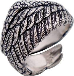 Retro Vintage 925 Sterling Silber Schwarzer Engelsflügel Ring Federring for Männer Frauen Offen und verstellbar von KOINEN