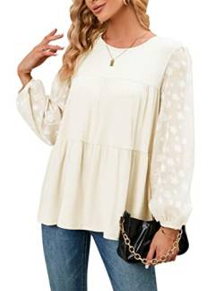 Damen Casual T-Shirt Knopfleiste Kurzarm Rundhals Bluse Longshirt Elegant Oberteile Einfarbig/Blumen Tunika Top Hemd Frühling,Beige,S von KOJOOIN