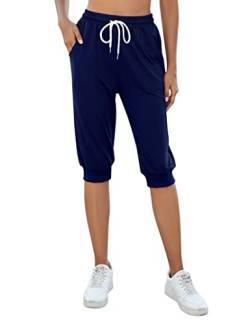 KOJOOIN Damen 3/4 Sporthose Kurze Jogginghose Sommerhose Loose Trainingshose mit Taschen und Kordelzug, für Jogging Fitness Baumwolle Freizeithose Dunkelblau XL von KOJOOIN