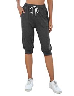 KOJOOIN Damen 3/4 Sporthose Kurze Jogginghose Sommerhose Loose Trainingshose mit Taschen und Kordelzug, für Jogging Fitness Baumwolle Freizeithose Dunkelgrau M von KOJOOIN