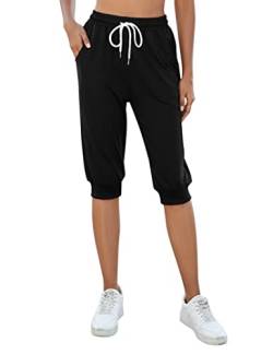 KOJOOIN Damen 3/4 Sporthose Kurze Jogginghose Sommerhose Loose Trainingshose mit Taschen und Kordelzug, für Jogging Fitness Baumwolle Freizeithose Schwarz S von KOJOOIN