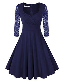 KOJOOIN Damen 50er Vintage Kleid Retro/Cocktailkleid/Abendkleid/Ballkleid Rockabilly V-Ausschnitt Kleid Knielang Langarm Navyblau Dunkelblau S von KOJOOIN