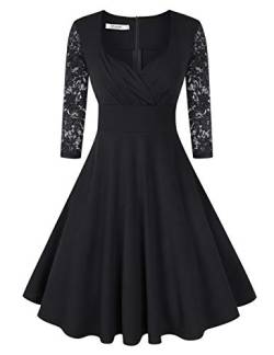 KOJOOIN Damen 50er Vintage Kleid Retro/Cocktailkleid/Abendkleid/Ballkleid Rockabilly V-Ausschnitt Kleid Knielang Langarm Schwarz M von KOJOOIN