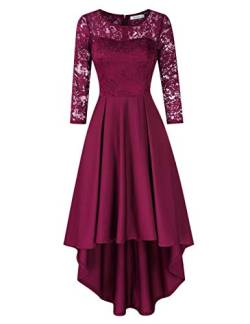 KOJOOIN Damen Abendkleider/Cocktailkleid/Brautjungfernkleider für Hochzeit Unregelmässiges Kurzes Spitzenkleid Langarm Dunkelrot L von KOJOOIN