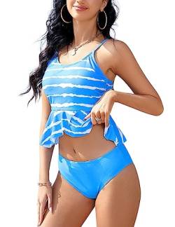 KOJOOIN Damen Badeanzug Rundausschnitt Bademode Rüschen Bauchweg Tankini mit Brustpolster Zweiteiliger Swimsuit mit Verstellbarer Schultergürtern (Verpackung MEHRWEG), B-Blau, M von KOJOOIN