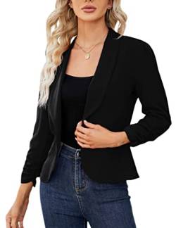 KOJOOIN Damen Blazer 3/4 Arm Jacke Business Revers Blazer Sakko mit Faltigen Ärmeln Slim Fit Blazerjacke Elegant Einfarbig Outwear Geschäft Büro Bolero Jacke (Verpackung MEHRWEG), A-Schwarz, L von KOJOOIN