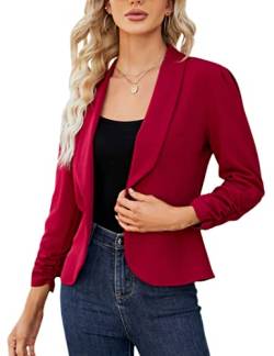 KOJOOIN Damen Blazer 3/4 Arm Jacke Business Revers Blazer Sakko mit Faltigen Ärmeln Slim Fit Blazerjacke Elegant Einfarbig Outwear Geschäft Büro Bolero Jacke (Verpackung MEHRWEG), A-Weinrot, XXL von KOJOOIN