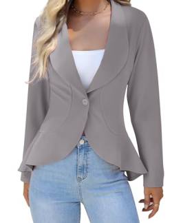 KOJOOIN Damen-Blazer Casual Open Front Cardigan Langarm-Blazer Cardigan Lässiger Arbeits-Blazer Büro-Blazer Anzugjacke Rüschen-Blazer Grau L von KOJOOIN