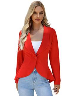 KOJOOIN Damen-Blazer Casual Open Front Cardigan Langarm-Blazer Cardigan Lässiger Arbeits-Blazer Büro-Blazer Anzugjacke Rüschen-Blazer Rot XL von KOJOOIN