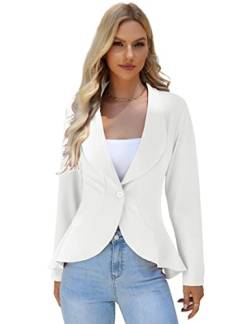 KOJOOIN Damen-Blazer Casual Open Front Cardigan Langarm-Blazer Cardigan Lässiger Arbeits-Blazer Büro-Blazer Anzugjacke Rüschen-Blazer Weiß L von KOJOOIN