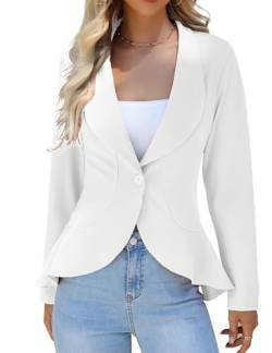 KOJOOIN Damen-Blazer Casual Open Front Cardigan Langarm-Blazer Cardigan Lässiger Arbeits-Blazer Büro-Blazer Anzugjacke Rüschen-Blazer Weiß XL von KOJOOIN