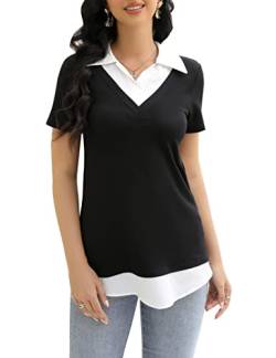 KOJOOIN Damen Bluse Oberteil mit Hemdkragen Kurzarm Farbblock Hemdbluse mit V-Ausschnitt Hemd Schwarz 2 S von KOJOOIN