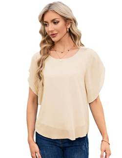 KOJOOIN Damen Bluse geteilten 3/4 Ärmel Hemd Rundausschnitt Tops Einfarbig Shirt Schlitz Chiffonbluse Lockere Oberteile Lässig T-Shirt (Verpackung MEHRWEG), A-Aprikose, XL von KOJOOIN