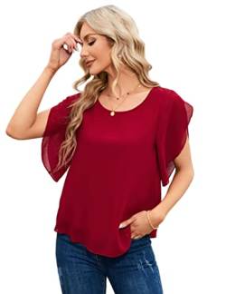 KOJOOIN Damen Bluse geteilten 3/4 Ärmel Hemd Rundausschnitt Tops Einfarbig Shirt Schlitz Chiffonbluse Lockere Oberteile Lässig T-Shirt (Verpackung MEHRWEG), A-Weinrot, XL von KOJOOIN