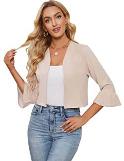 KOJOOIN Damen Bolero Jäckchen 3/4 Ärmel Rüschen Open Front Strickjacke Elegant festlich Shrug Cardigan Casual Top (Verpackung MEHRWEG), Aprikose, S von KOJOOIN