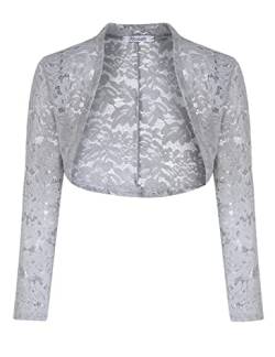 KOJOOIN Damen Bolero Spitzen Jacke Festlich Kurz Cardigan Langarm Strickjacke für Hochzeit Cocktailkleid Grau2 S von KOJOOIN