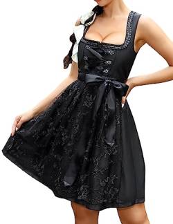 KOJOOIN Damen Dirndl 2tlg. Midi Trachtenkleid Kurz Dirndlkleid mit Dirndlschürze für Oktoberfest Schwarz B(High-End) 46 von KOJOOIN