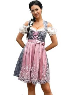 KOJOOIN Damen Dirndl 3tlg. Jacquard Trachtenkleid Kurz mit Dirndlschürze für Oktoberfest Grau-Jacquard(3tlg.) 36 von KOJOOIN