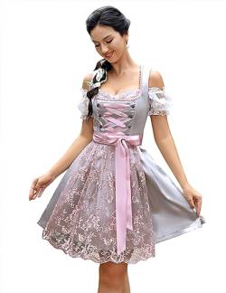 KOJOOIN Damen Dirndl 3tlg. Midi Kurz Trachtenkleid mit DREI Teilig:Dirndl Kleid,Dirndlschürze,Dirndlbluse für Oktoberfest Grau(3tlg.) 34 von KOJOOIN