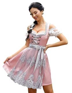 KOJOOIN Damen Dirndl 3tlg. Midi Kurz Trachtenkleid mit DREI Teilig:Dirndl Kleid,Dirndlschürze,Dirndlbluse für Oktoberfest Pink(3tlg.) 34 von KOJOOIN