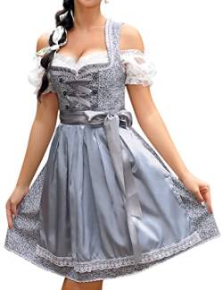 KOJOOIN Damen Dirndl Trachtenkleid Kurz Set 3tlg. für Oktoberfest inkl. Dirndl Kleid,Dirndlschürze,Dirndlbluse Grau-blau(3tlg.) 34 von KOJOOIN