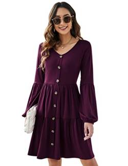 KOJOOIN Damen Elegant Tunika Kleid Boho Bohemian Kleid V-Ausschnitt Freizeitkleid mit Durchgehender Knopfleiste Strandkleider Burgundy XXL von KOJOOIN