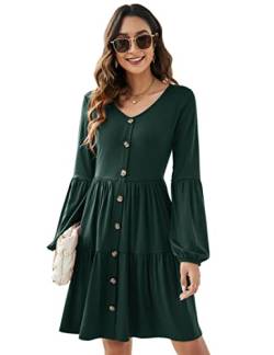 KOJOOIN Damen Elegant Tunika Kleid Boho Bohemian Kleid V-Ausschnitt Freizeitkleid mit Durchgehender Knopfleiste Strandkleider Dunkelgrün XL von KOJOOIN