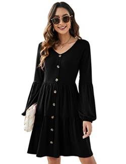 KOJOOIN Damen Elegant Tunika Kleid Boho Bohemian Kleid V-Ausschnitt Freizeitkleid mit Durchgehender Knopfleiste Strandkleider Schwarz L von KOJOOIN