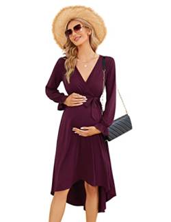 KOJOOIN Damen Elegant Umstandskleid Lange Stillkleid V-Ausschnitt Langarm Schwangerschaftskleid mit Gürtel Burgundy(Langarm) XXL von KOJOOIN
