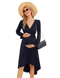 KOJOOIN Damen Elegant Umstandskleid Lange Stillkleid V-Ausschnitt Langarm Schwangerschaftskleid mit Gürtel DunKelblau(Langarm) M von KOJOOIN