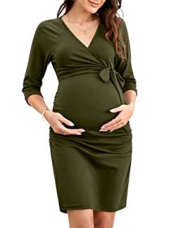 KOJOOIN Damen Elegant Umstandskleid V-Ausschnitt Schwangerschaftskleid Stillkleid mit Falten Etuikleid Armeegrün(3/4 Ärmel) L von KOJOOIN