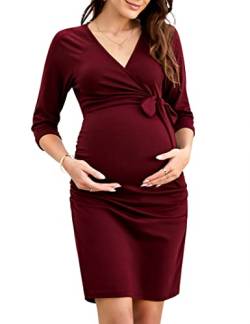 KOJOOIN Damen Elegant Umstandskleid V-Ausschnitt Schwangerschaftskleid Stillkleid mit Falten Etuikleid Weinrot(3/4 Ärmel) XL von KOJOOIN
