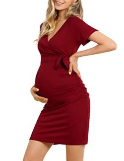 KOJOOIN Damen Elegant Umstandskleid V-Ausschnitt Schwangerschaftskleid Stillkleid mit Falten Etuikleid Weinrot(Kurzarm) S von KOJOOIN