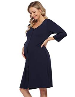 KOJOOIN Damen Geburt Stillnachthemd Langarm Nachthemd Schlafanzug Schwangerschaft Pyjama Nachtwäsche mit Durchgehender Knopfleiste DunKelblau A (Langarm) XL von KOJOOIN