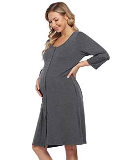 KOJOOIN Damen Geburt Stillnachthemd Langarm Nachthemd Schlafanzug Schwangerschaft Pyjama Nachtwäsche mit Durchgehender Knopfleiste Dunkelgrau A (Langarm) XL von KOJOOIN
