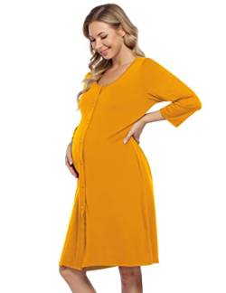 KOJOOIN Damen Geburt Stillnachthemd Langarm Nachthemd Schlafanzug Schwangerschaft Pyjama Nachtwäsche mit Durchgehender Knopfleiste Gelb A (Langarm) XL von KOJOOIN