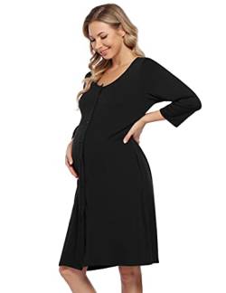 KOJOOIN Damen Geburt Stillnachthemd Langarm Nachthemd Schlafanzug Schwangerschaft Pyjama Nachtwäsche mit Durchgehender Knopfleiste Schwarz A (Langarm) XL von KOJOOIN