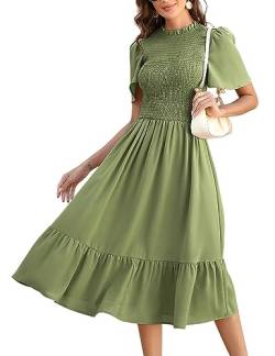 KOJOOIN Damen Kleid Lange Sommerkleid Casual Swing Kleid Kurzärm Maxikleid Rüschen Freizeitkleid Armeegrün XL von KOJOOIN