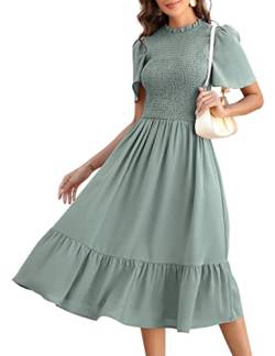 KOJOOIN Damen Kleid Lange Sommerkleid Casual Swing Kleid Kurzärm Maxikleid Rüschen Freizeitkleid Grün M von KOJOOIN