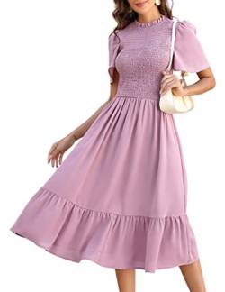 KOJOOIN Damen Kleid Lange Sommerkleid Casual Swing Kleid Kurzärm Maxikleid Rüschen Freizeitkleid Lila L von KOJOOIN