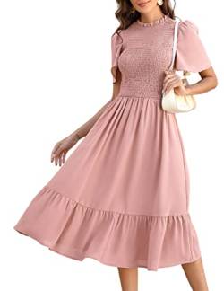 KOJOOIN Damen Kleid Lange Sommerkleid Casual Swing Kleid Kurzärm Maxikleid Rüschen Freizeitkleid Rosa XXL von KOJOOIN